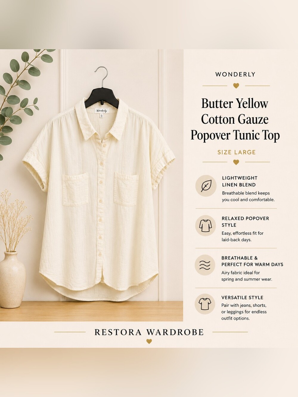 Wonderly Butter Yellow Cotton Gauze Button Down Shirt Large Coastal